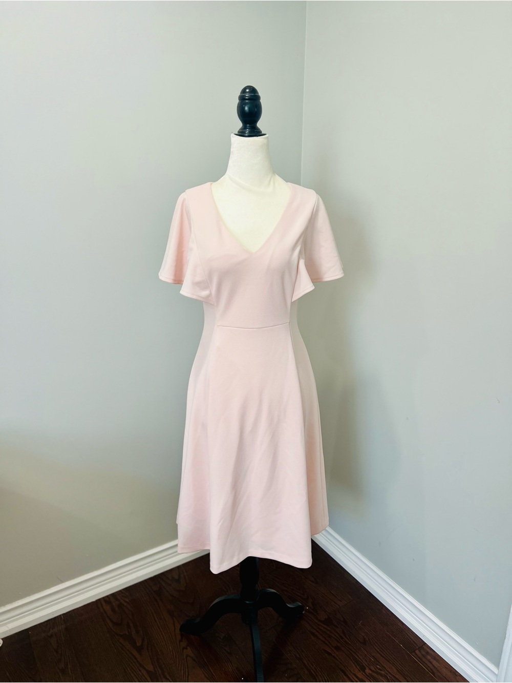 Calvin Klein Pale Pink V-Neck Midi Dress with Flutter Sleeves